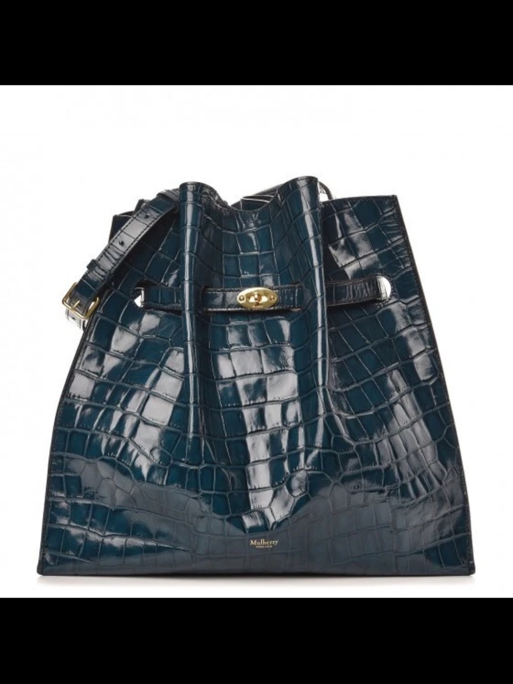 Mulberry Teal Croc-Embossed Leather Shoulder Tote with Gold Hardware